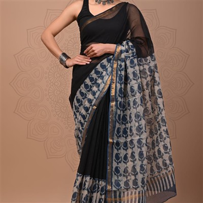 Midnight Floral Dream Kota Doria Saree