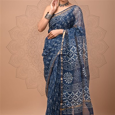 Indigo Floral Delight Kota Doria Saree