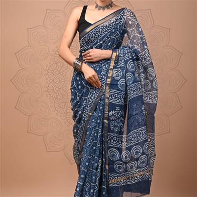 Indigo Blossom Geometric Kota Doria Saree