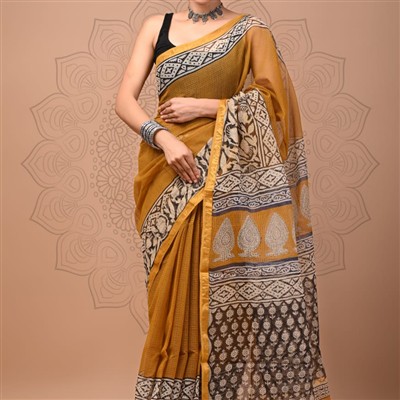 Mustard Geometric Floral Kota Doria Saree