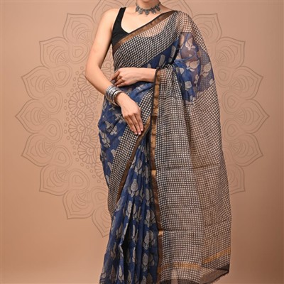 Navy Checkered Floral Kota Doria Saree