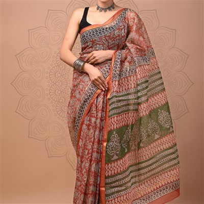 Rust Orange Floral Geometric Kota Doria Saree