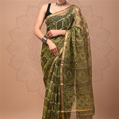 Olive Floral Geometric Kota Doria Saree