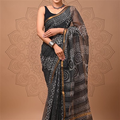 Charcoal Blossom Geometric Kota Doria Saree