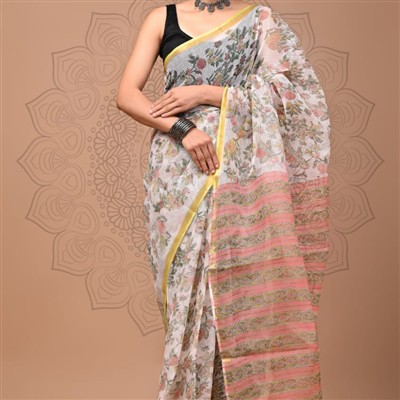 Charming Peach Blossom Multi-Print Kota Doria Saree