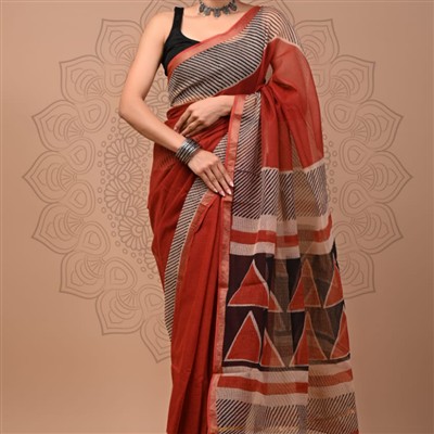 Terracotta Geometric Elegance Kota Doria Saree