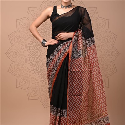Jet Black Crimson Zigzag Kota Doria Saree