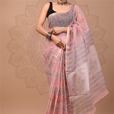 Blush Mint Floral Elegance Kota Doria Saree