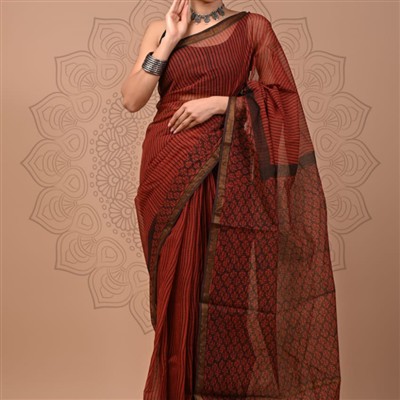 Crimson Cascade Stripe Kota Doria Saree