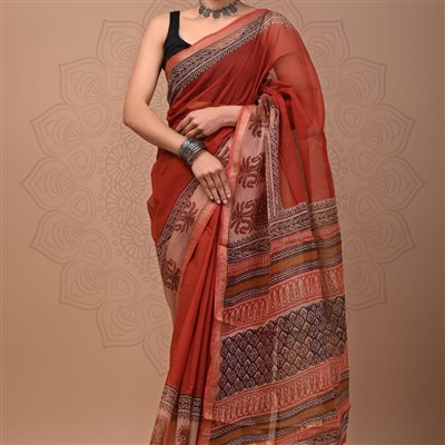 Terracotta Floral Fusion Kota Doria Saree