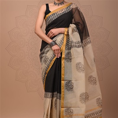 Vintage Black Paisley Kota Doria Saree