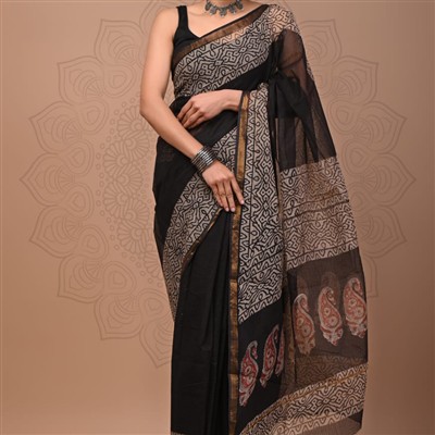 Jet Black Paisley Kota Doria Saree