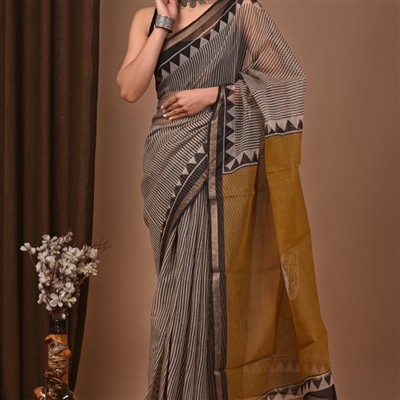 Midnight Geometric Elegance Kota Doria Saree