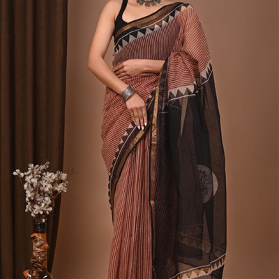 Burnt Sienna Geometric Elegance Kota Doria Saree