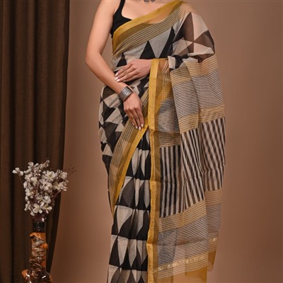 Cascading Black Geometric Fusion Kota Doria Saree