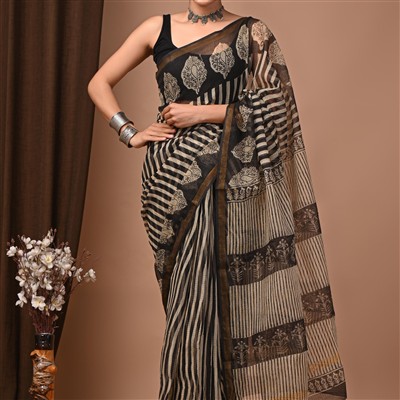Monochrome Geometric Elegance Kota Doria Saree