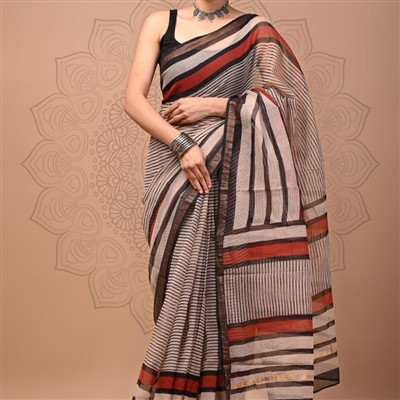Terracotta Floral Fusion Kota Doria Saree