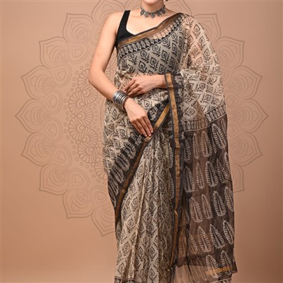 Beige Floral Mosaic Kota Doria Saree