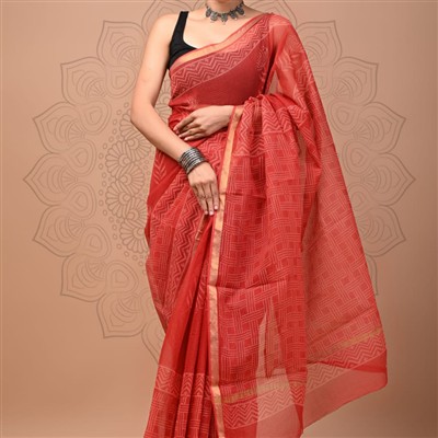 Crimson Geometric Harmony Kota Doria Saree