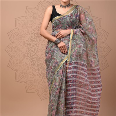 Sage Blossom Floral Kota Doria Saree