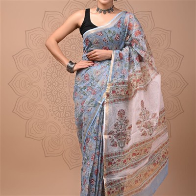Powder Blue Floral Harmony Kota Doria Saree