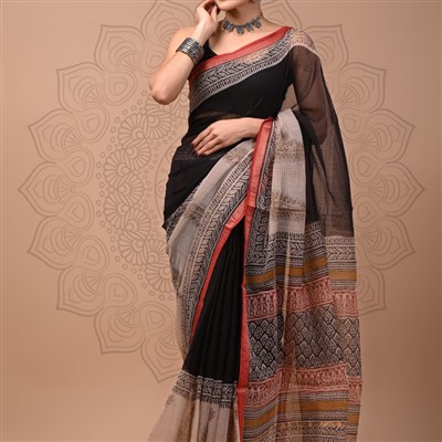 Lime Blossom Hand Block Printed Kota Doria Saree