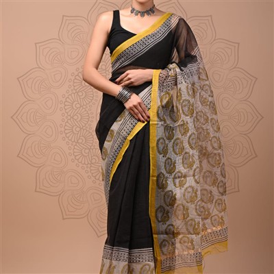 Midnight Paisley Elegance Kota Doria Saree