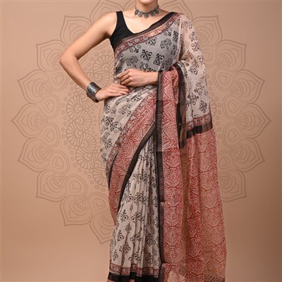 Crimson Floral Harmony Kota Doria Saree