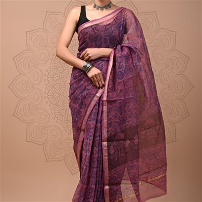 Lavender Blossom Geometric Kota Doria Saree
