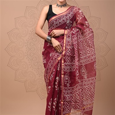 Crimson Floral Harmony Kota Doria Saree