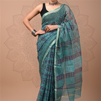 Teal Floral Elegance Kota Doria Saree