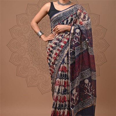 Crimson Blossom Geometric Kota Doria Saree