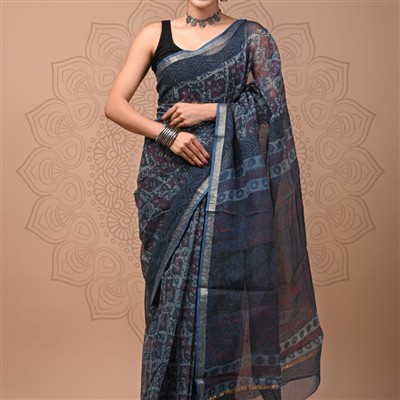 Burgundy Blossom Floral Kota Doria Saree