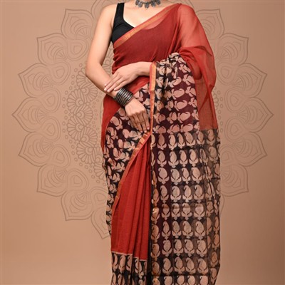 Crimson Blossom Geometric Kota Doria Saree