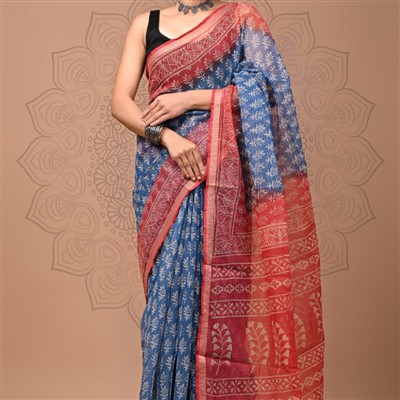 Navy Crimson Ombre Multi-Print Kota Doria Saree