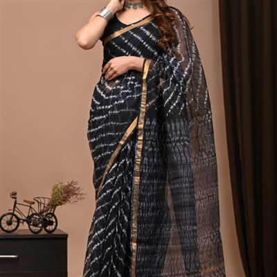 Midnight Floral Tie-Dye Kota Doria Saree