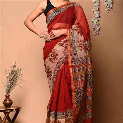 Crimson Cascade Floral Kota Doria Saree