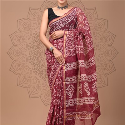 Burgundy Blossom Geometric Kota Doria Saree