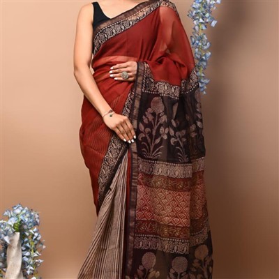 Coral Blossom Multi-Print Kota Doria Saree