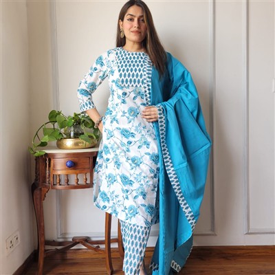 Cerulean Floral Cascade Cotton Suit Set