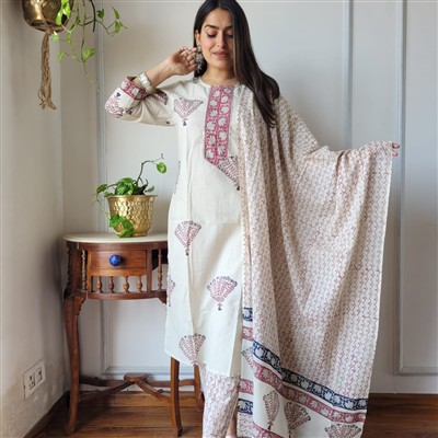 Beige Maroon Paisley Cotton Suit Set