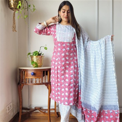 Golden Floral Elegance Cotton Suit Set