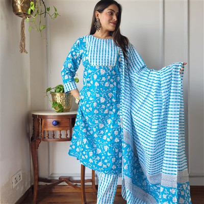 Turquoise Floral Symphony Cotton Suit Set