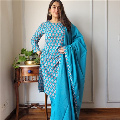 Citrus Blossom Hand Block Print Cotton Suit Set