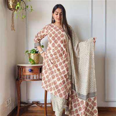 Earthy Terracotta Floral Print Cotton Suit Set