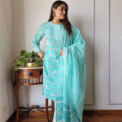 Aqua Floral Harmony Cotton Suit Set