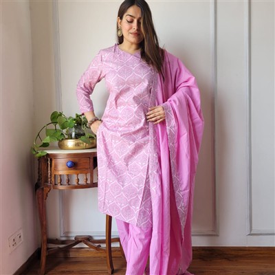 Pastel Pink Floral Dreams Cotton Suit Set