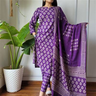 Deep Purple Floral Elegance Cotton Suit Set