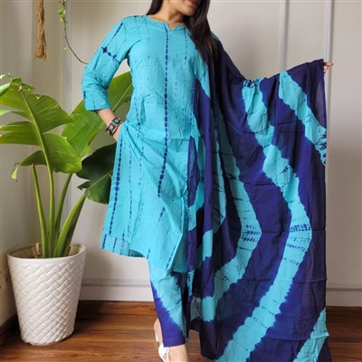 Turquoise Tie-Dye Elegance Cotton Suit Set