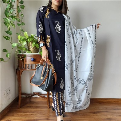 Navy Floral Paisley Cotton Suit Set